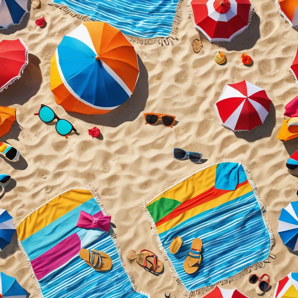A vibrant beach scene featuring a sandy shoreline with colorful beach towels and sun umbrellas. Display stylish beach accessories like trendy sunglasses, straw hats, and chic sandals scattered around. Include playful elements like a beach ball and sunbathing people enjoying the sun. The ocean waves gently lapping at the shore, reflecting the clear blue sky. bright colors. super-realistic.