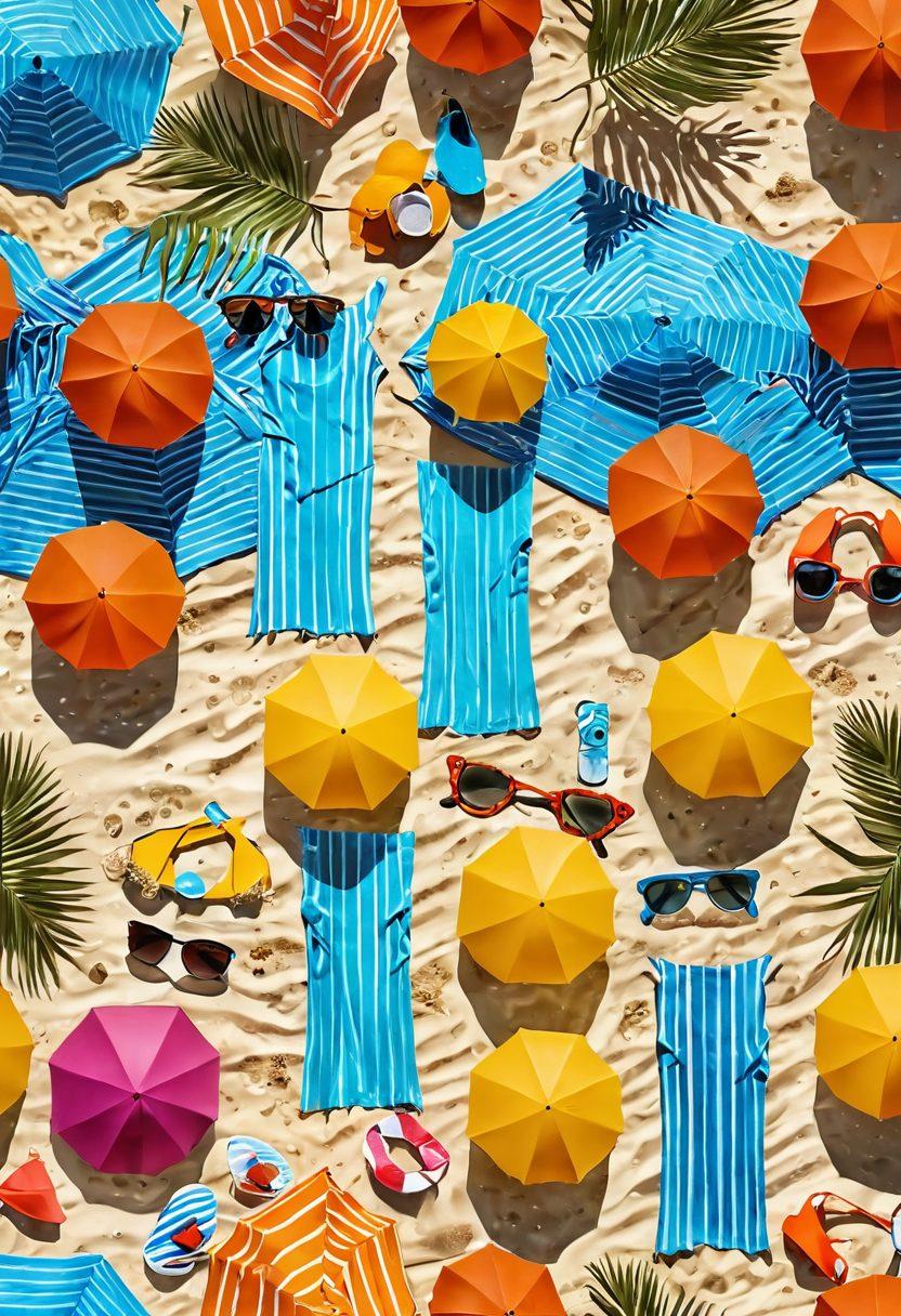 A vibrant beach scene showcasing a variety of beachwear including colorful bikinis, stylish cover-ups, and accessories like sun hats and sunglasses. The background features golden sand, clear blue waves, and bright beach umbrellas, with people enjoying the sun. Incorporate elements like palm trees and beach balls for a fun atmosphere. The scene should evoke a sense of relaxation and joy. vibrant colors. super-realistic. bright summer theme.